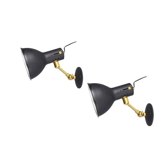 Mid-Century Adjustable Wall Lamps in Black Painted Aluminum and Brass, 1950s, Set of 2 For Sale - Image 10 of 13