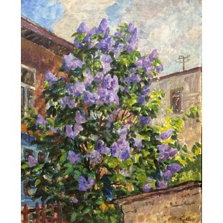 1970s Oil Painting Lilac Near the House Dziuban Ivan Feodosievich For Sale