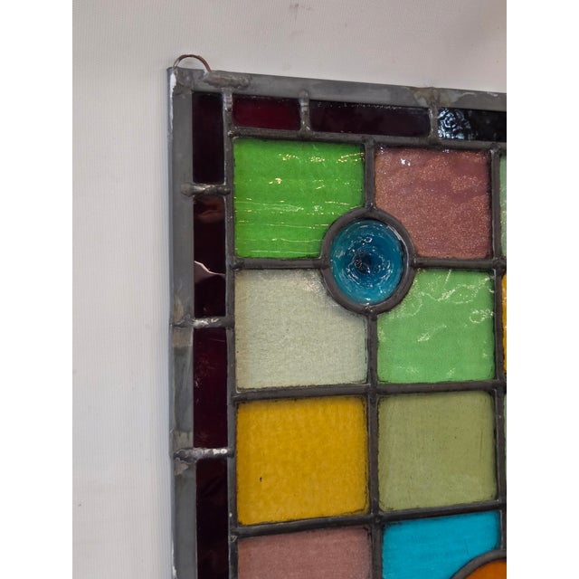 Antique 1880s Stained Glass Window Flower With Jewel Rondels Cathedral Glass For Sale - Image 4 of 6