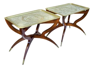 Early 20th Century Hand-Engraved Persian Brass Accent Tables- Set of 2