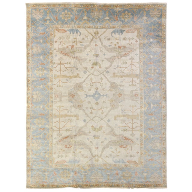 Exquisite Rugs Oushak Hand knotted Wool Ivory/Blue Rug-9'x12' For Sale
