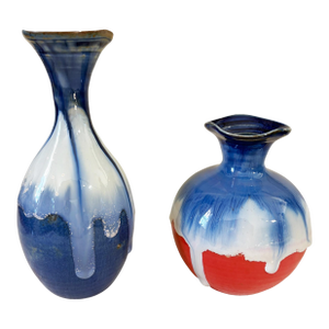 Chinoiserie Contemporary Shiwan Stoneware Pottery Set of Two Vases
