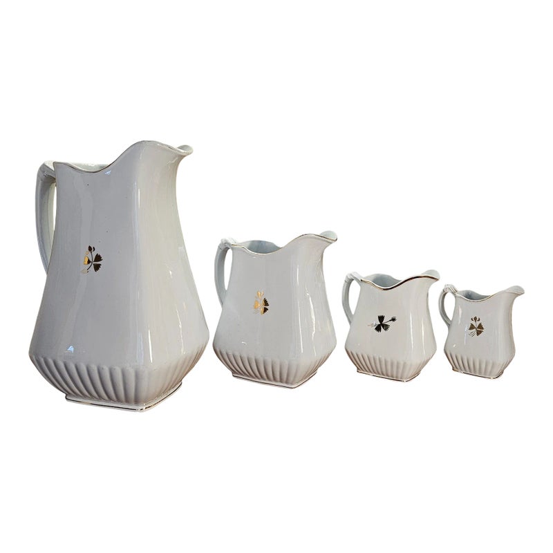 Set Of 4 Ironstone Tea Leaf Decorative Motif Pitchers By Powell & Bishop