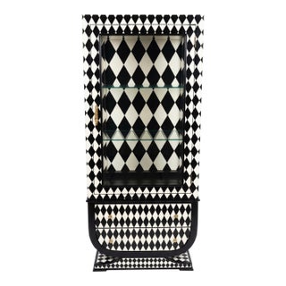 1960s Harlequin Black and White Vitrine Curio Cabinet Whimsical Checkered Courtly Check Style. For Sale