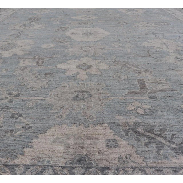 Tribal 2020s Modern Oushak With Floral and Tribal Motifs With Cream, Gray and Powder Blue For Sale - Image 3 of 13