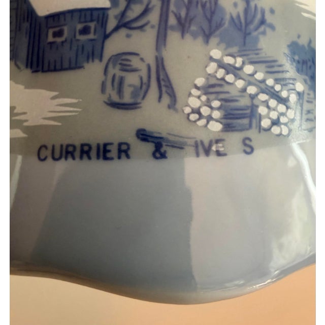 American Vintage Currier & Ives “Home in the Wilderness” Blue & White Porcelain Bell With Gold Accents For Sale - Image 3 of 11
