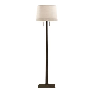 Nova of California Taper Floor Lamp - Dark Walnut Wood Finish, Weathered Brass, White Linen Shade, Dimmer For Sale