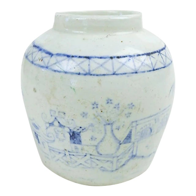 Small Blue White Chinese Export Hand Painted Jar For Sale