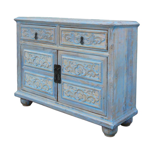 Oriental Floral Shabby Chic Rustic Light Blue High Credenza Cabinet For Sale In San Francisco - Image 6 of 10
