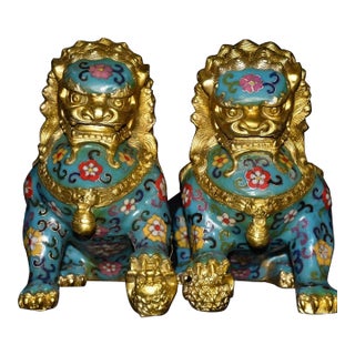 Pair of Vintage Cloisonné Gilt Bronze Guardian Lion Statues With Turquoise Enamel For Sale