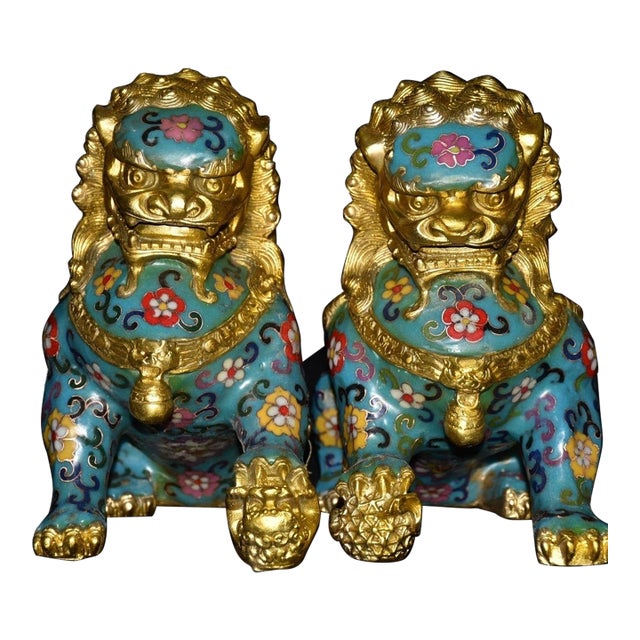 Pair of Vintage Cloisonné Gilt Bronze Guardian Lion Statues With Turquoise Enamel For Sale