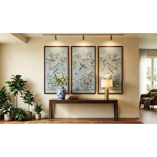Refined hand-painted chinoiserie mural set with elegant dusty blue background, featuring delicate white peony blossoms,...