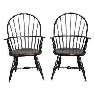 Pair of Warren Chair Works Sack Back Windsor Arm Chairs Bench Made Black Finish For Sale