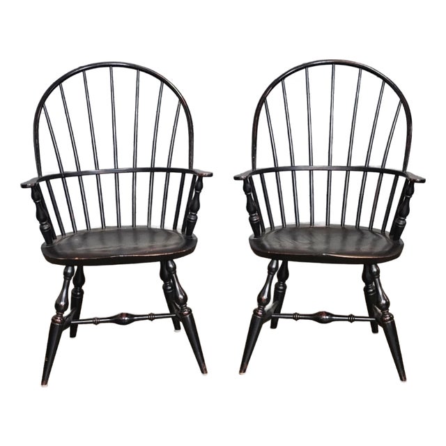 Pair of Warren Chair Works Sack Back Windsor Arm Chairs Bench Made Black Finish For Sale