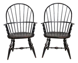 Pair of Warren Chair Works Sack Back Windsor Arm Chairs Bench Made Black Finish