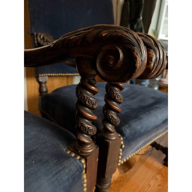 Mid 20th Century Mid 20th Century Pair of Jacobean Revival Carved Wood Barley Twist Velvet Armchairs For Sale - Image 5 of 12