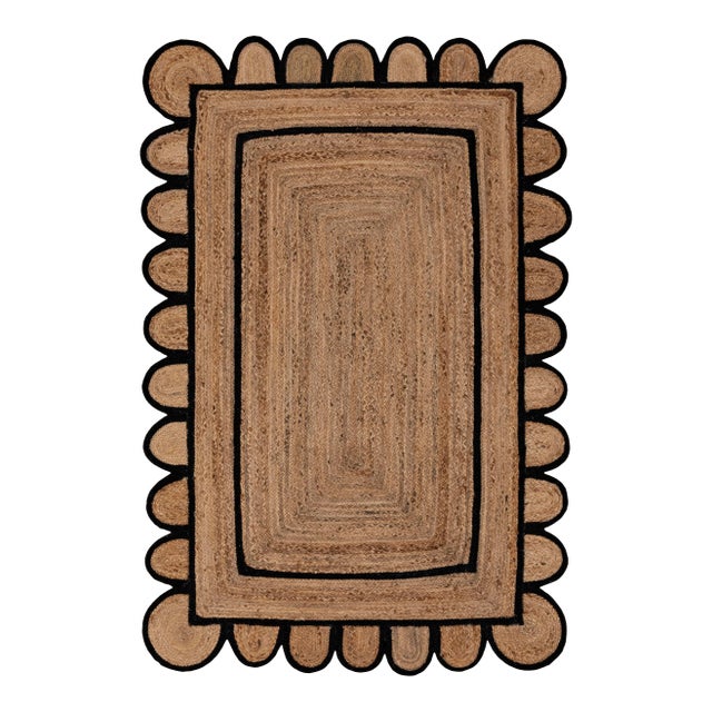 8'x10' Black Trim Jute Scallop Braided Handmade Rug For Sale