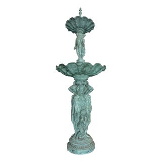 Monumental Classical Tiered Fountain With Shell Basins – Verdigris Patina – 11 Ft Tall For Sale