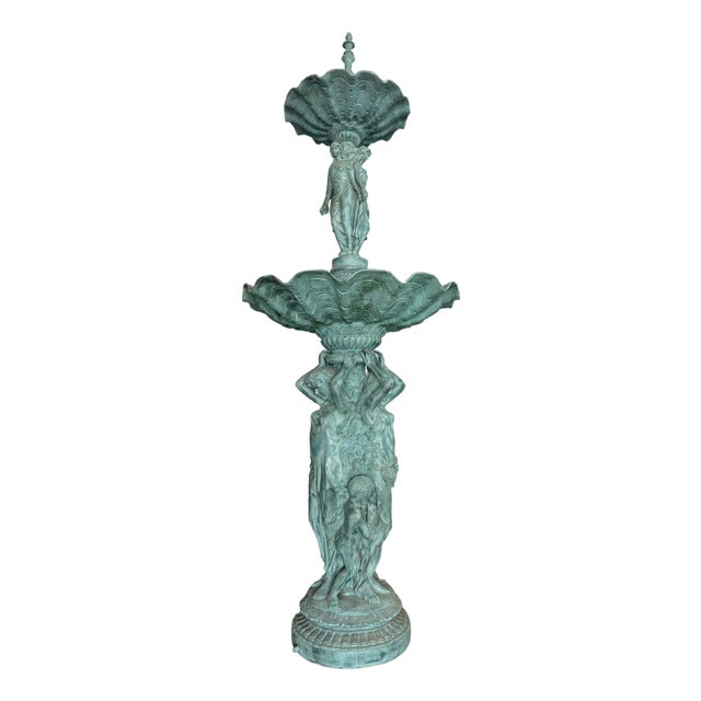 Monumental Classical Tiered Fountain With Shell Basins – Verdigris Patina – 11 Ft Tall For Sale