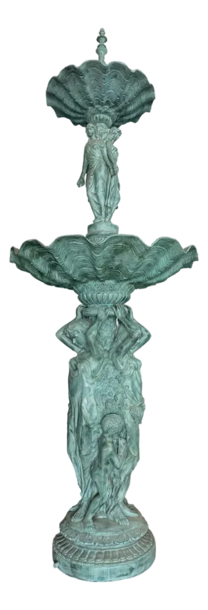 Monumental Classical Tiered Fountain With Shell Basins – Verdigris Patina – 11 Ft Tall