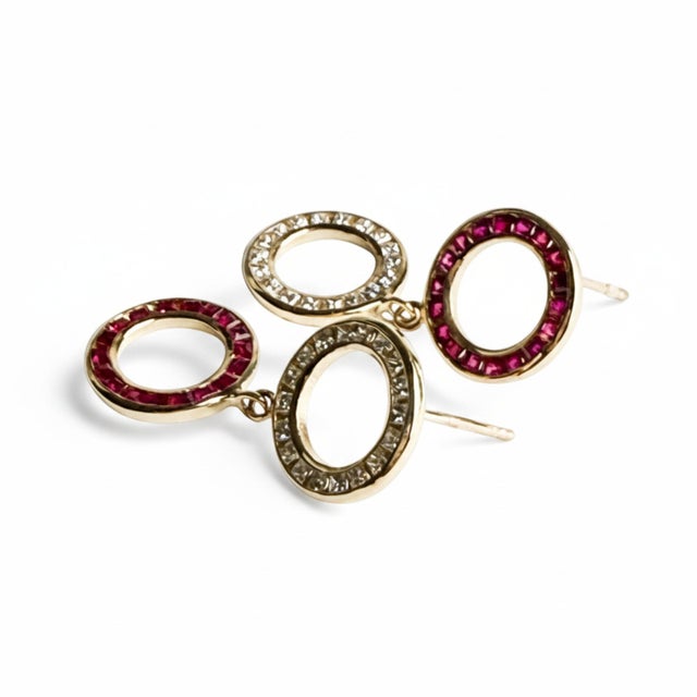 14k Yellow Gold Ruby and Diamond Circle Drop Earrings, 0.65ct, Pair For Sale In New York - Image 6 of 7