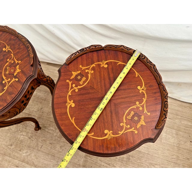 1930s Two French Side Tables, Display, Nightstands, Round Top Floral Marquetry For Sale - Image 12 of 13