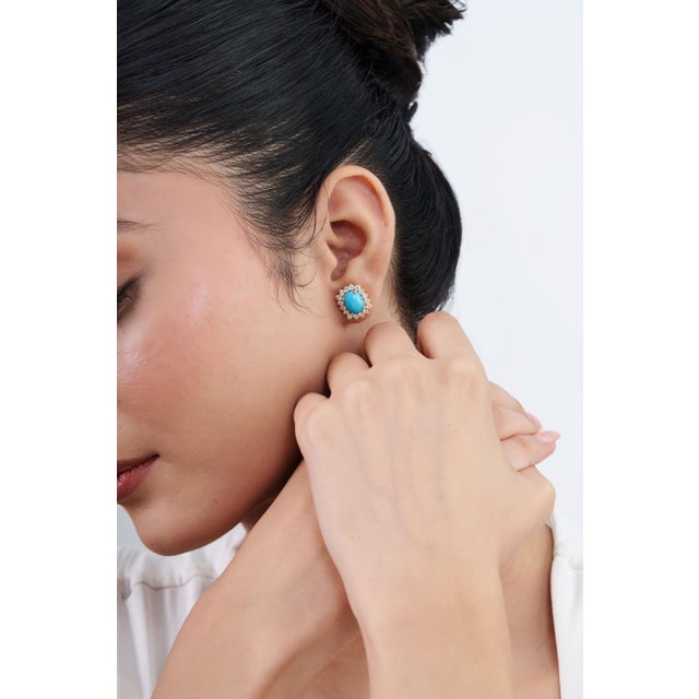 Not Yet Made - Made To Order 4ct Cushion Cut Natural Turquoise Diamond Halo Stud Earrings in 14k Yellow Gold- 2 Pieces For Sale - Image 5 of 16