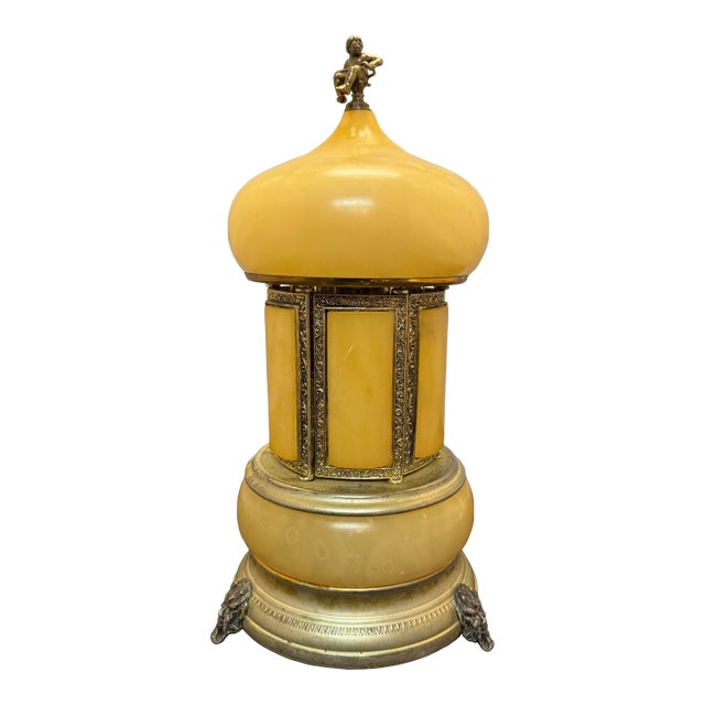 Vintage Italian Onyx & Reuge Music Box Carousel Cigarette Lipstick Holder MCM For Sale