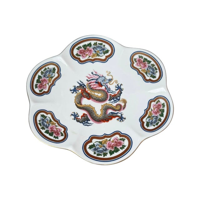 Vintage scalloped porcelain tray featuring a colorful dragon in the center and floral motifs in the 6 scalloped sections...