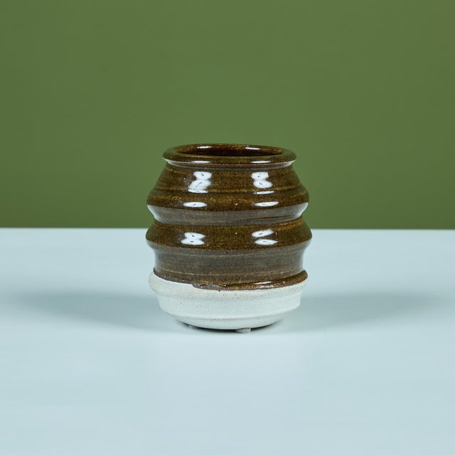Ceramic Ribbed Stoneware Vessel with Two-tone Glaze For Sale - Image 7 of 11
