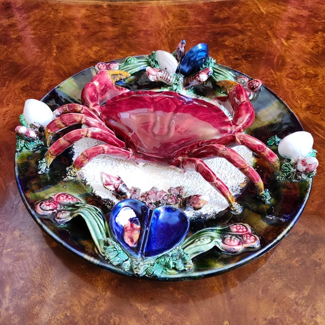 Final Clearance 2025 Salted Baked Crab Crustacean Holiday Platter Majolica Trompe l'Oeil of Mid 20th Century For Sale - Image 9 of 11