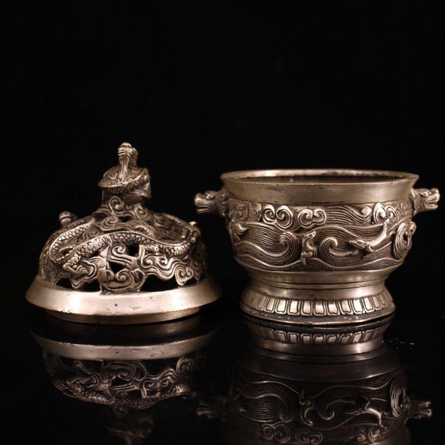 Vintage Silver-Plated Bronze Incense Burner With Dragon Lid - Asian Censer For Sale - Image 4 of 8