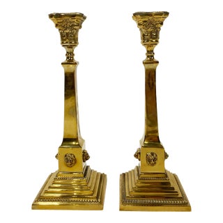 Vintage Large Brass Lion Crest Candlestick Holders, Pair For Sale