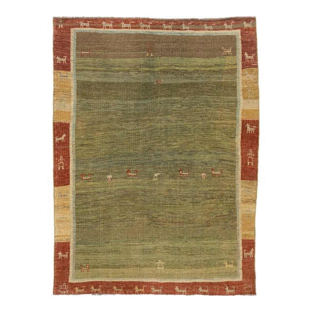Modern Hand-Knotted Gabbeh Wool Rug – Earth Tones With Minimalist Animal Motifs For Sale