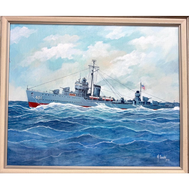 Vintage Original A. Sundal u.s. Navy Battle Ship Boat Seascape Oil Painting 93 For Sale In New York - Image 6 of 9