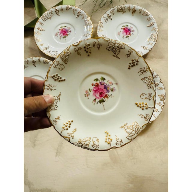 Ceramic Early 19th Century Royal Crown Derby Pink Floral 5.5” Plates in Vine Pattern | English Bone China | Antique Plate - Set of Five (5) For Sale - Image 7 of 7