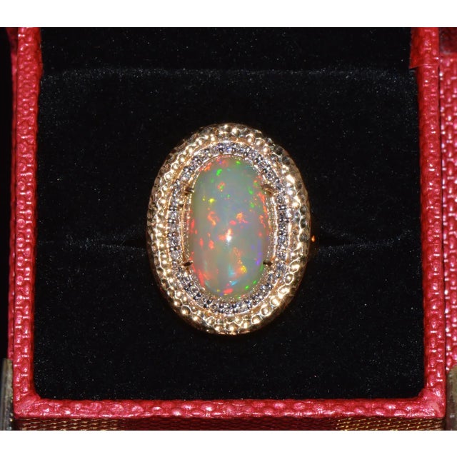 Certified Natural 7.44Cts VS F Diamond Opal Cocktail Halo Hammered 18K Solid Gold Ring, size 6.75 For Sale - Image 9 of 10