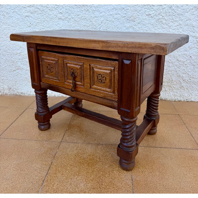 1930s Spanish Carved Wood Side Table With Geometric Decoration and Spiral Legs For Sale - Image 11 of 13