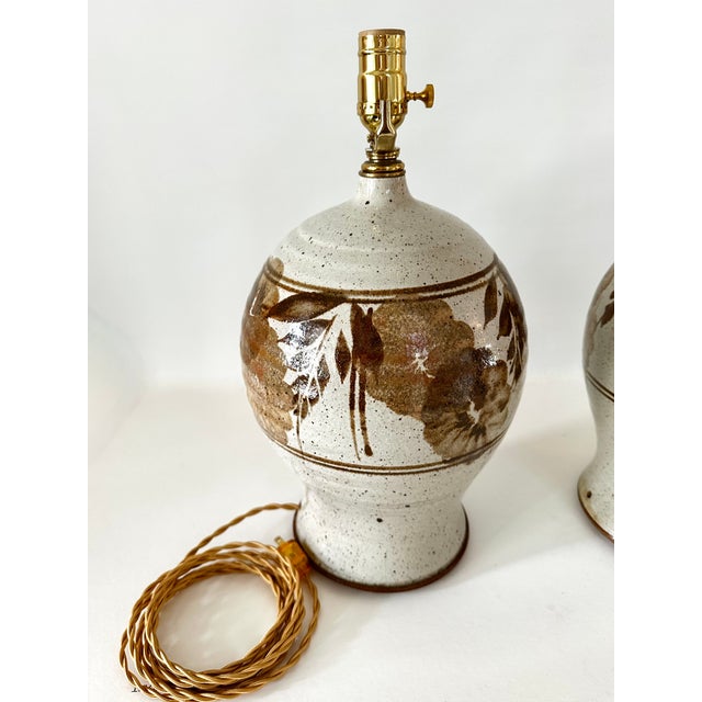 1970s Hand Thrown Stoneware Lamps With Floral Motif - a Pairf For Sale - Image 9 of 15