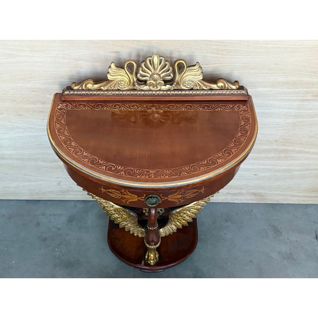 Mid-Century Modern 20th Century Pair of Demilune Swan Nightstands With Marquetry Top and Crest For Sale - Image 3 of 13