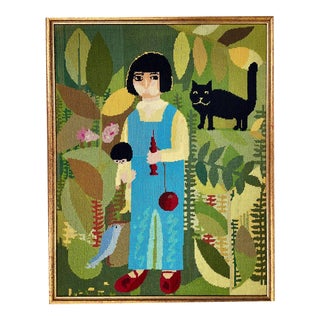Mid Century Modern Folk Art Figure and Landscape Needlepoint Wall Artwork For Sale