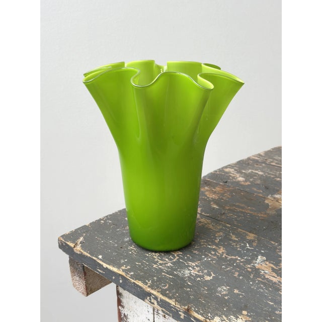 Vintage Lime Green Handblown Glass Undulating Vessel, Circa 1960s For Sale - Image 11 of 17
