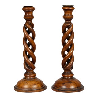 Antique Pair Yew Wood Open Barley Twist Candlesticks For Sale