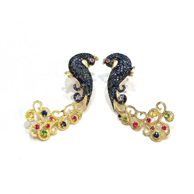 Traditional Bochic "Orient" Vintage Sapphire & Multi Gem Peacock Earrings 18K Gold & Silver For Sale - Image 3 of 18