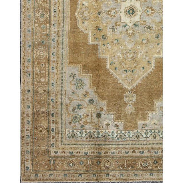 Vintage Oushak Turkish Rug in Light Golden Brown, Tan, and Teal-Green Accents. Keivan Woven Arts / rug /EN-799, country of...