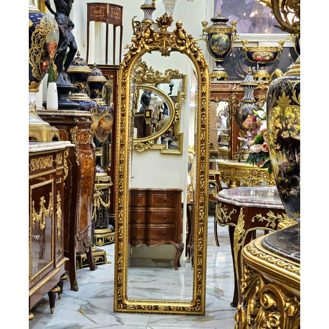 Glass Grand French Louis XV Floor Mirror With Cherub Crest & Gold Leaf Frame For Sale - Image 7 of 7