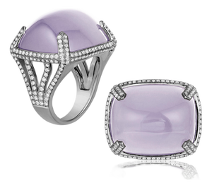 Moon Quartz Cabochon Horizantal Ring with Diamond, Size 7
