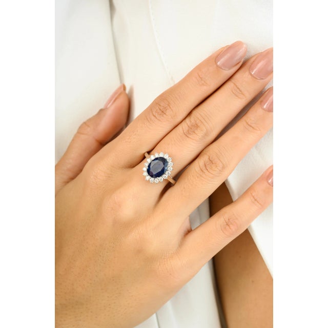 Diamonds Halo Oval Cut Sapphire Cocktail Ring in 14k Solid White Gold Size 5.5 For Sale - Image 4 of 12