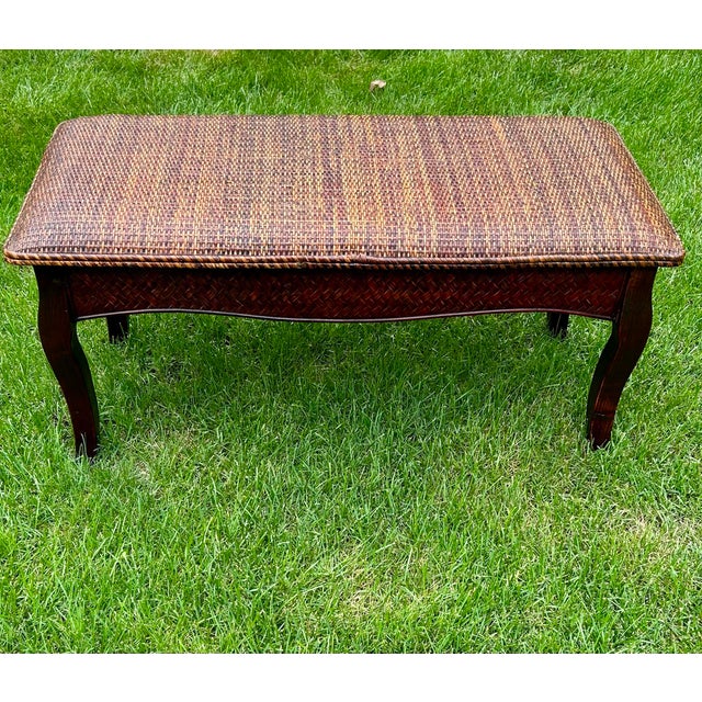 Wooden Bench, With a Cushioned, Rattan-Woven Seat, Curved Legs, Late 20th Century, Bohemian/Coastal Styles For Sale - Image 9 of 11