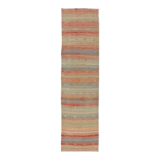Vintage Turkish Kilim Runner in Coral, Blue and Beige Striped Design 2'10" X 11'6" For Sale